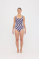 Woman wearing dusty blue and plum rising-stripe HUZZAH Ted tank top with high-waisted full-coverage bikini bottoms on white background.