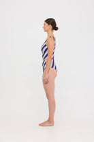 Woman wearing dusty blue and plum rising-stripe HUZZAH Ted tank top with high-waisted full-coverage bikini bottoms on white background.