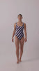Model wearing the dusty blue and plum rising stripe HUZZAH Cat one-piece swimsuit with sculpting fit and clean lines, photographed against a plain background