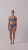 Model in dusty blue and plum rising stripe HUZZAH Chilli crop bikini top paired with mid-waisted full-coverage bottoms